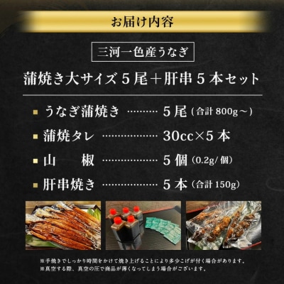 三河一色産 うなぎ蒲焼き 大5尾 + 肝串焼き 5本 蒲焼タレ 肝串焼き 鰻 お魚 湯煎 惣菜