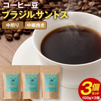 【粉】コーヒー豆 粉(ブラジル サントス 中煎り 中細挽き)100g × 3個セット 計300g