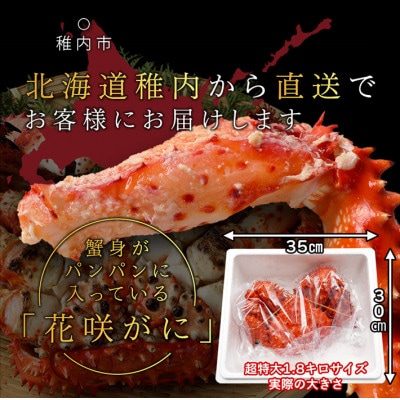 【稚内で浜ゆで】超大サイズ 花咲ガニ姿造り1.8キロ前後×1尾　数量限定50尾限り