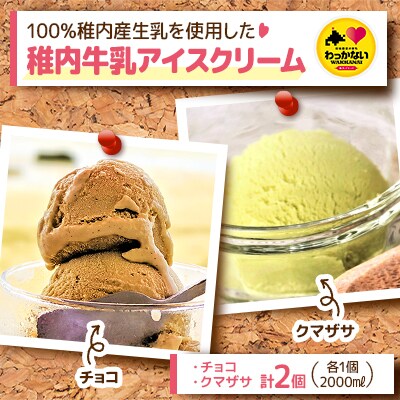 【業務用】稚内牛乳アイスクリーム2000mlチョコ味×クマザサ2個セット