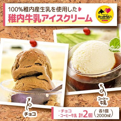 【業務用】稚内牛乳アイスクリーム2000mlチョコ×コーヒー牛乳2個セット