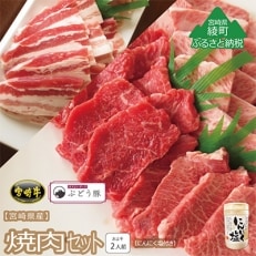 「綾ぶどう豚」「宮崎牛」焼肉3種セット&amp;にんにく塩(綾町)