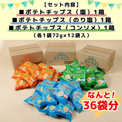<予約受付中> ポテトチップス 塩 のり塩 コンソメ 計36袋 北海道産じゃがいも 士幌町【N01】