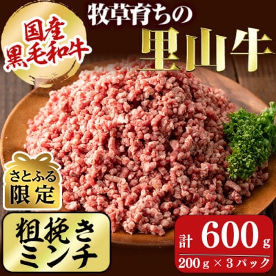 【さとふる限定】国産黒毛和牛 牧草育ちの里山牛100%使用!粗びきミンチ 計600g(200g×3)