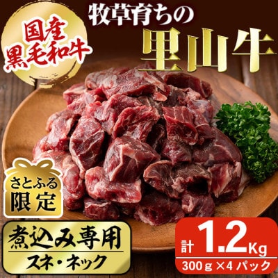【さとふる限定】国産黒毛和牛 牧草育ちの里山牛 煮込み専用スネ・ネック計1.2kg(300g×4p)
