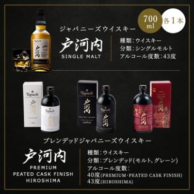 ジャパニーズウイスキー戸河内4本(シングルモルト、PREMIUM、PEATED、HIROSHIMA)