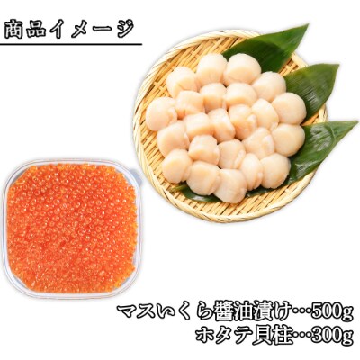 お店で手作り!北海道産マスいくら醤油漬500gと北海道産のホタテ貝柱玉冷 刺身用 300g