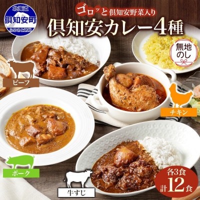 【無地熨斗付き】倶知安野菜のカレー食べ比べ4種セット 中辛 12個