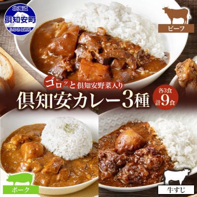 倶知安野菜のカレー食べ比べ3種セット ビーフ・ポーク・牛すじ 中辛 計9個
