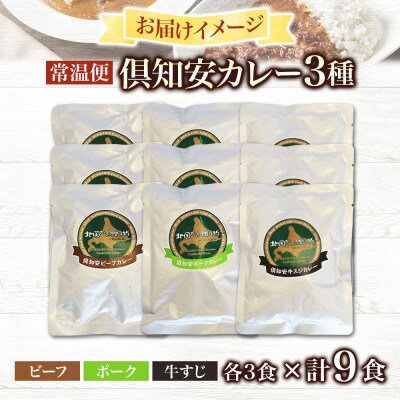 倶知安野菜のカレー食べ比べ3種セット ビーフ・ポーク・牛すじ 中辛 計9個