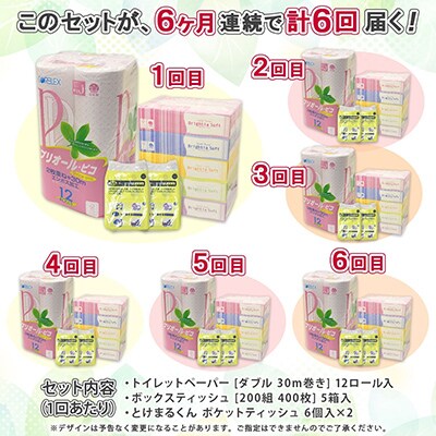 【毎月定期便】トイレットペーパー12ロール ティッシュペーパー5箱 ポケットティッシュ12個 全6回