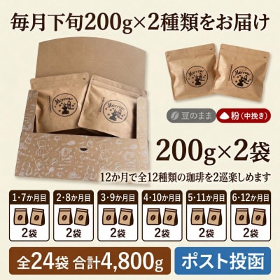 【12か月定期便・ポスト投函】自家焙煎コーヒー 粉(中挽き)200g×2袋[No5354-0717]
