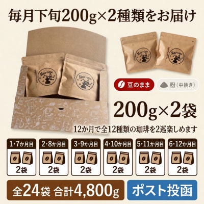 【12か月定期便・ポスト投函】自家焙煎コーヒー豆 200g×2袋 全12種[No5354-0716]