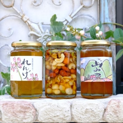 国産天然はちみつ 3本ギフトBOX(ナッツ&ハニー350g、山みつ370g、れんげ370g)