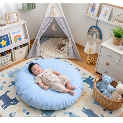 【直径83cm　ふかふか丸お座布団】撥水性ブルー　カバー付き　おしゃれ可愛いお昼寝クッション