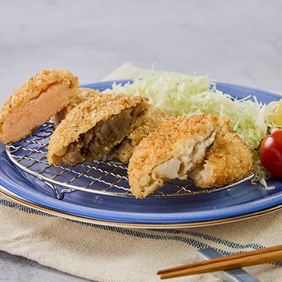 大和牛と大和丸なすのすき焼きコロッケ、北海道産ホタテ貝柱カツ、博多明太子のめんたいマヨ◆大和コロッケ