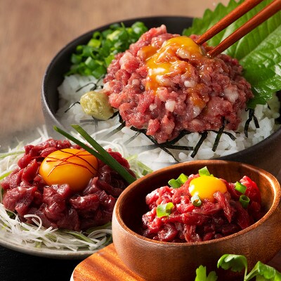 【熊本特産】馬刺しユッケ2種とネギトロの食べ比べセット(ふじ馬刺し・国産馬刺し)(上天草市)