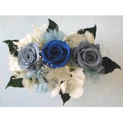 【日付指定可能】 プリザーブドフラワーローズ3輪アレンジメント ブルー バラ 　H193-024