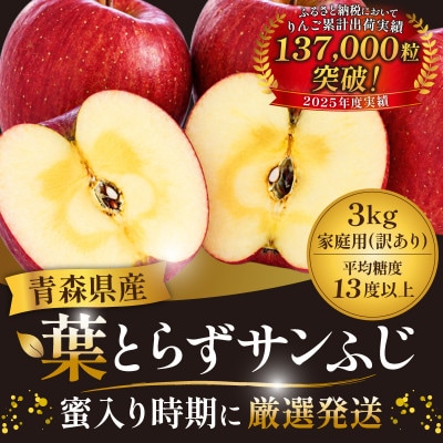 【26年11月から発送】平均糖度13度以上! 蜜入り葉とらずサンふじ 約3kg 訳あり 青森りんご