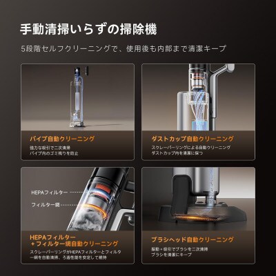 自動ゴミ収集ステーション付 自動集塵コードレスクリーナー 480AW強力吸引 毛が絡まない床ブラシ