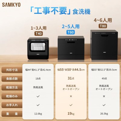 食洗機 工事不要 大容量 家庭用 2~5人用 31点 SAMKYO T60 ブラック