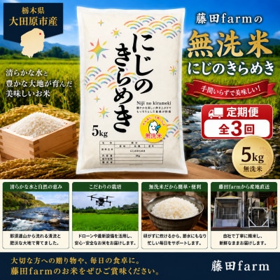 【毎月定期便】大田原市産にじのきらめき 無洗米 5kg 藤田farmのこだわりのお米全3回