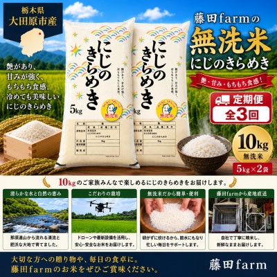 【毎月定期便】大田原市産にじのきらめき 無洗米 10kg(5kg×2) 藤田farmのお米全3回