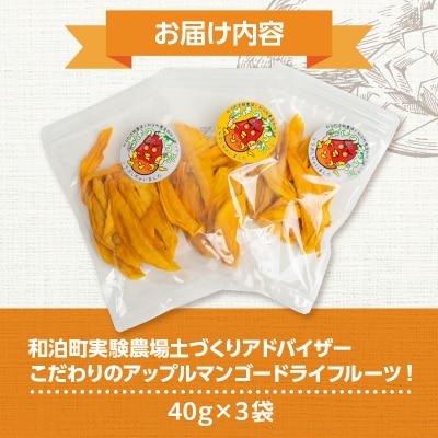 和泊町実験農場土づくりアドバイザーこだわりのアップルマンゴードライフルーツ!40グラム×3袋