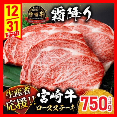 【生産者応援】宮崎牛 ロース ステーキ 3枚 計750g(日南)