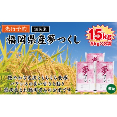 《無洗米》【8年産　新米】9月～発送【食味鑑定士厳選】福岡県 夢つくし15k(5k×3袋)(芦屋町)