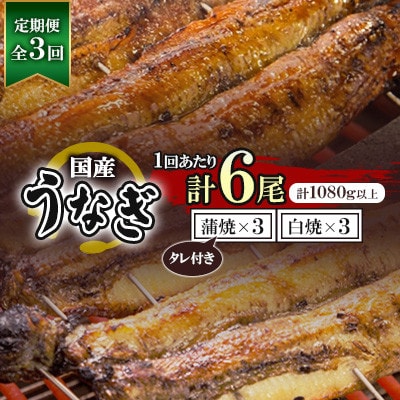 【毎月定期便】国産うなぎ蒲焼・白焼 計6枚セット(うなぎ蒲焼3枚・白焼3枚)約1080g　全3回