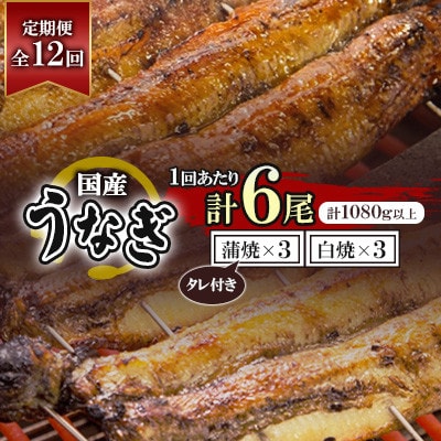 【毎月定期便】国産うなぎ蒲焼・白焼 計6枚セット(うなぎ蒲焼3枚・白焼3枚)約1080g　全12回