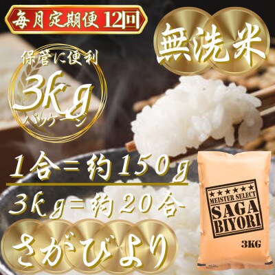 【毎月定期便】【無洗米】さがびより3kg(吉野ヶ里町)全12回