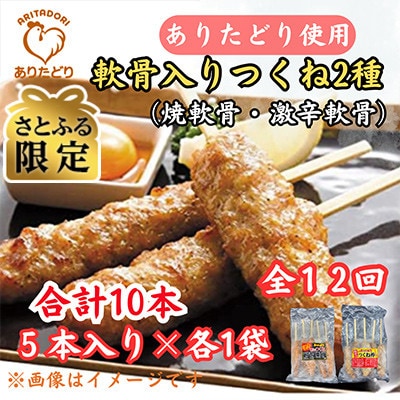 【毎月定期便】【さとふる限定】合計10本ありたどりつくね棒2種5本入り×各1袋(吉野ヶ里町)全12回