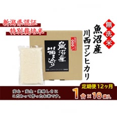 【毎月定期便】【無洗米】新潟県認証米 魚沼産川西こしひかり1合&times;10個 全12回