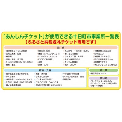 十日町市内41社で使える地域応援商品券「あんしんチケット」20枚組