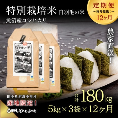 【毎月定期便】農家直送!魚沼産コシヒカリ特別栽培 精米(5kg×3袋)全12回