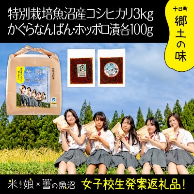 【農家×女子高生】県認証特栽魚沼コシヒカリ(精米)3kgとかぐらなんばん・ホッポロ漬 各100g