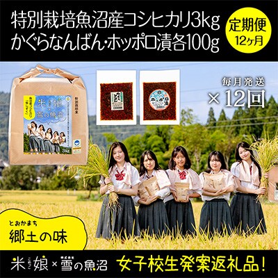 【毎月定期便】女子高生×雪の魚沼!県認証特栽魚沼コシ3kg+みそ各1×12全12回
