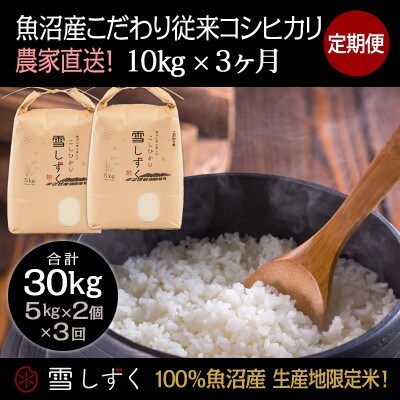【毎月定期便】魚沼産こだわり従来コシヒカリ  10kg(5kg×2袋)×3回 合計30kg全3回