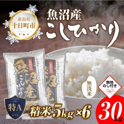 【のし付き】無洗米 魚沼産 コシヒカリ 30kg 美味い炊き方ガイド付