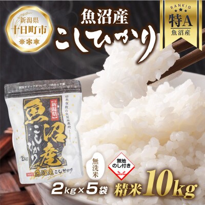【無地熨斗】無洗米 魚沼産 コシヒカリ 2kg×5袋 計10kg(美味しい炊き方ガイド付き)