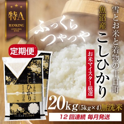 【毎月定期便】[無洗米] 魚沼産 コシヒカリ 20kg 精米 (美味しい炊き方ガイド付)全12回