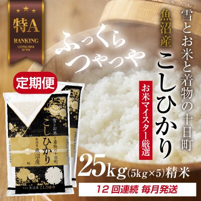 【毎月定期便】魚沼産 コシヒカリ 25kg 精米 (お米の美味しい炊き方ガイド付)全12回