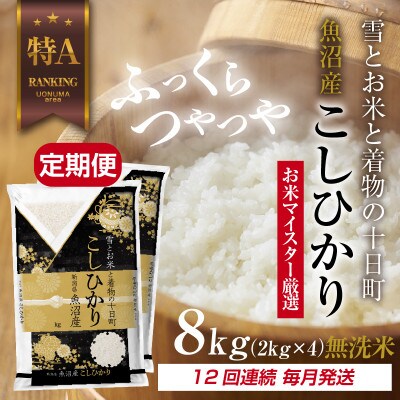 【毎月定期便】[無洗米] 魚沼産 コシヒカリ 8kg 精米(お米の美味しい炊き方ガイド付)全12回