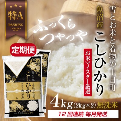 【毎月定期便】[無洗米] 魚沼産 コシヒカリ 4kg 精米(お米の美味しい炊き方ガイド付)全12回