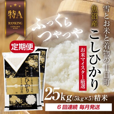 【毎月定期便】魚沼産 コシヒカリ 25kg 精米 (お米の美味しい炊き方ガイド付)全6回
