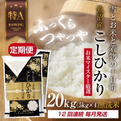 【毎月定期便】[無洗米]魚沼産 コシヒカリ 20kg 精米 (お米の美味しい炊き方ガイド付)全12回