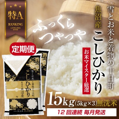 【毎月定期便】[無洗米]魚沼産 コシヒカリ 15kg 精米 (お米の美味しい炊き方ガイド付)全12回