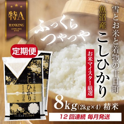 【毎月定期便】魚沼産 コシヒカリ 8kg 精米 (お米の美味しい炊き方ガイド付)全12回